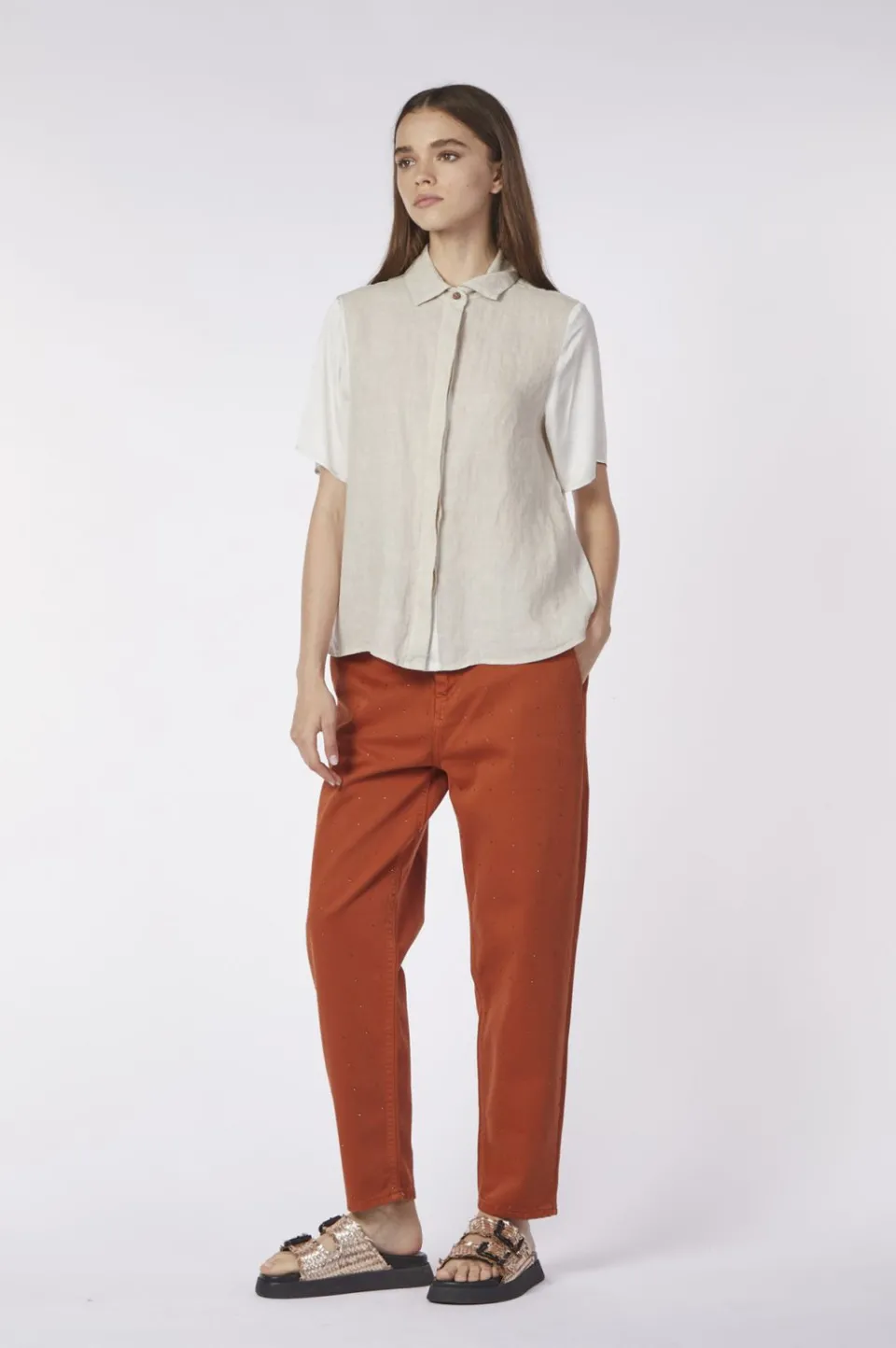 Flash Sale CafèNoir Camicia A Maniche Corte In Lino E Viscosa Avorio