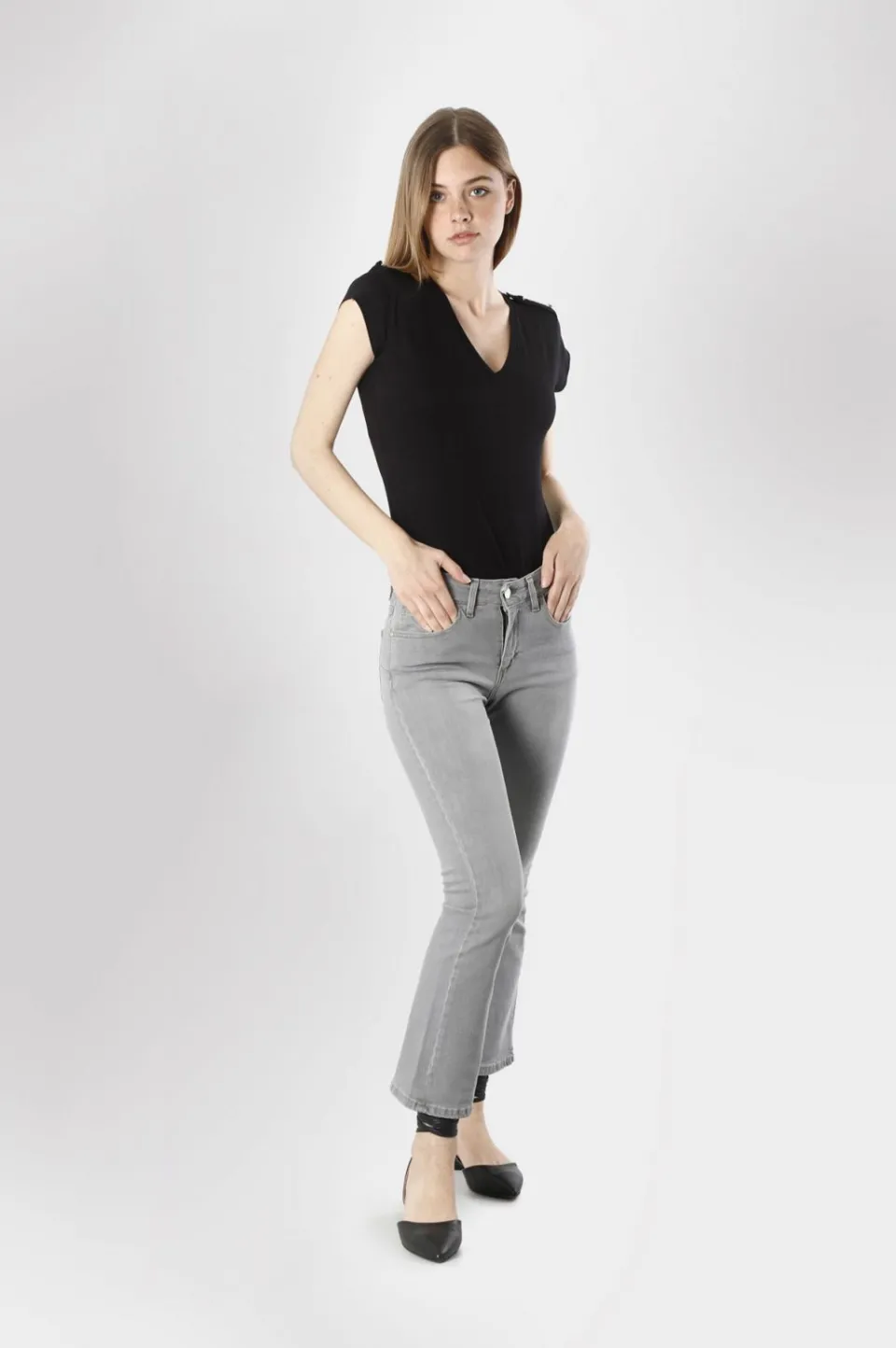 Store CafèNoir Cropped Flare Jeans Virna In Tela Superstretch Light Grey