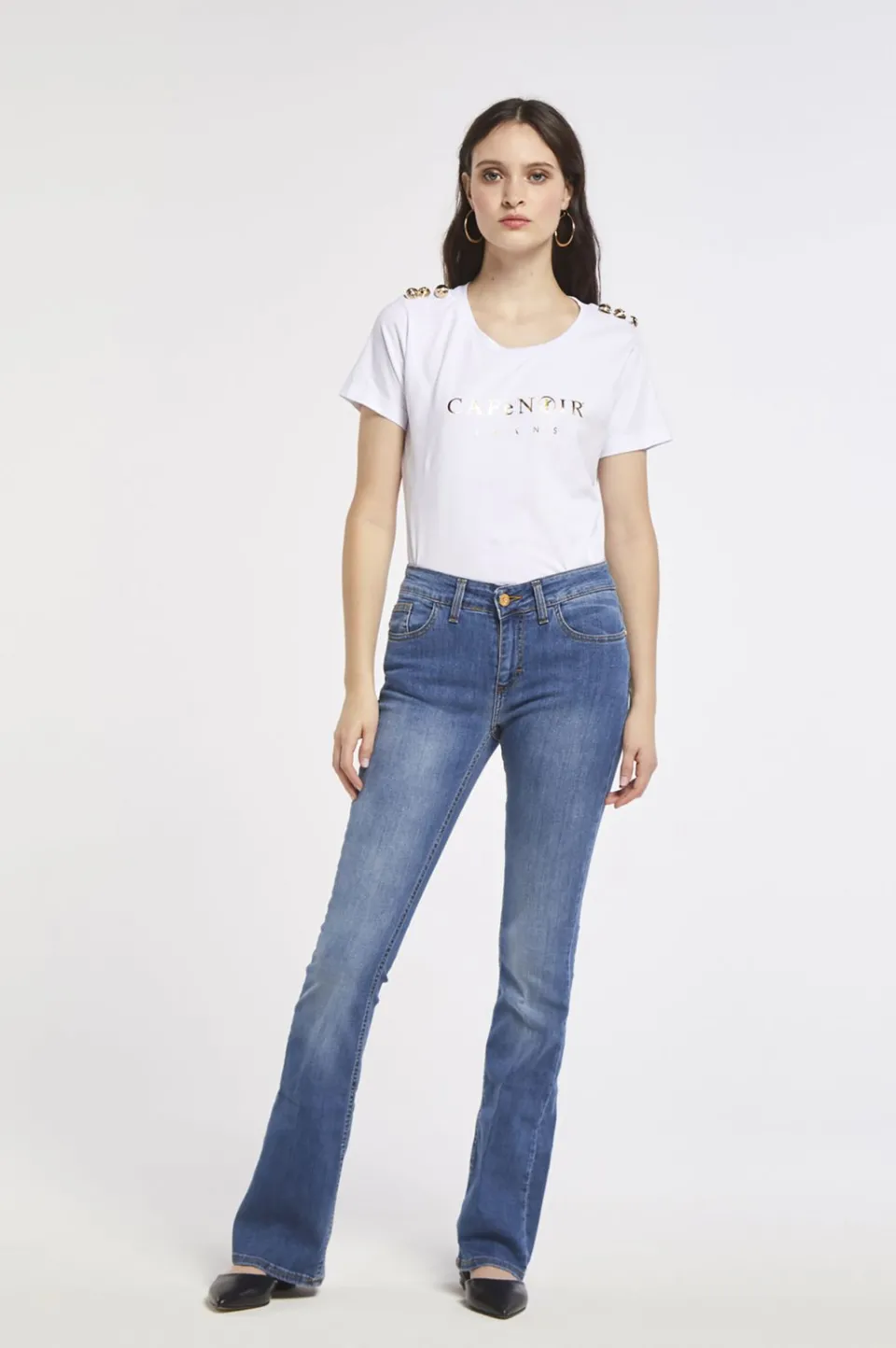 Sale CafèNoir Flare Jeans Anna In Tela Denim Superstretch Blu Medio