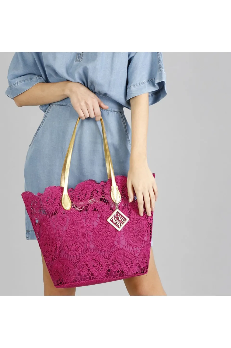 Store CafèNoir Shopping Bag In Pizzo Con Sacchetto Interno In Tono Fuxia