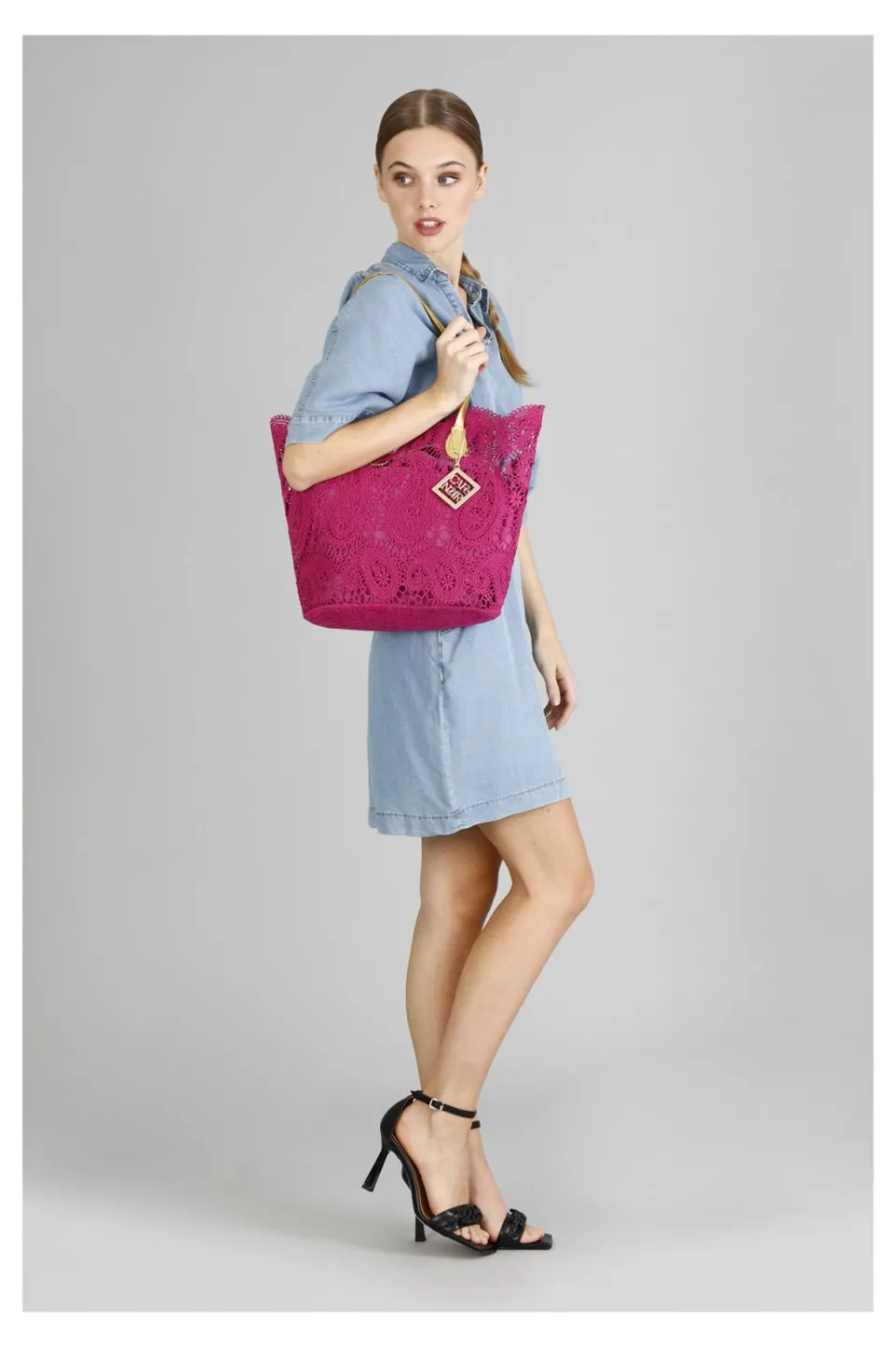 Store CafèNoir Shopping Bag In Pizzo Con Sacchetto Interno In Tono Fuxia